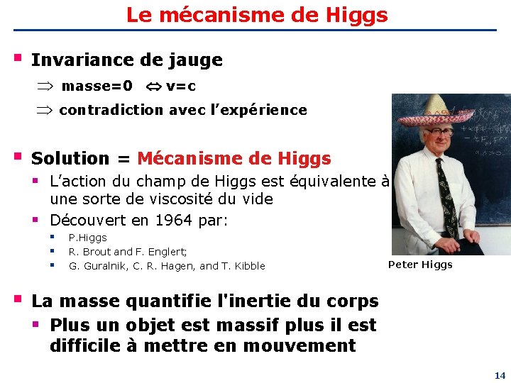 Le mécanisme de Higgs § Invariance de jauge masse=0 v=c contradiction avec l’expérience §