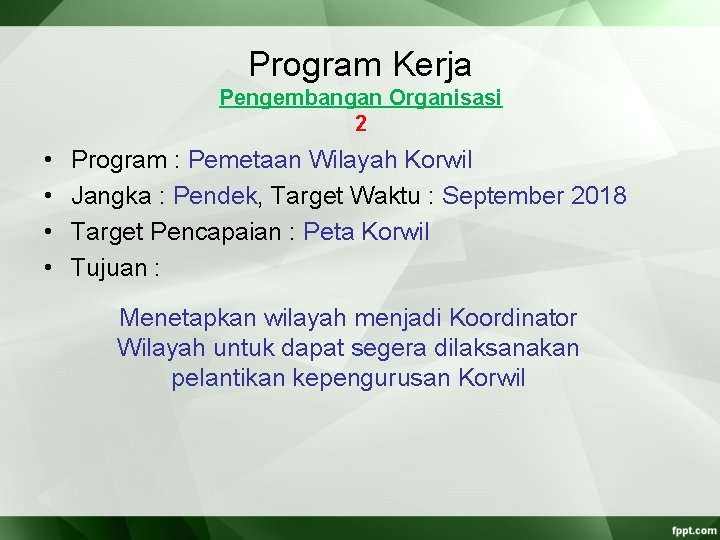 Program Kerja Pengembangan Organisasi 2 • • Program : Pemetaan Wilayah Korwil Jangka : Program Kerja Pengembangan Organisasi 2 • • Program : Pemetaan Wilayah Korwil Jangka :
