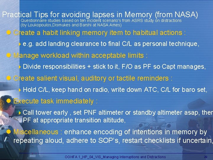 Practical Tips for avoiding lapses in Memory (from NASA) Questionnaire studies based on ten
