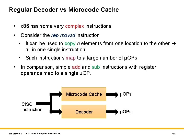 Regular Decoder vs Microcode Cache • x 86 has some very complex instructions •