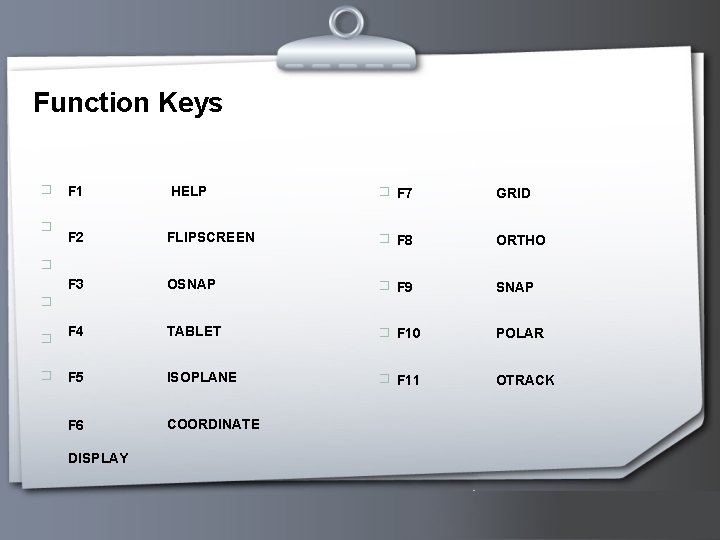 Function Keys � F 1 HELP F 2 � F 7 GRID FLIPSCREEN �