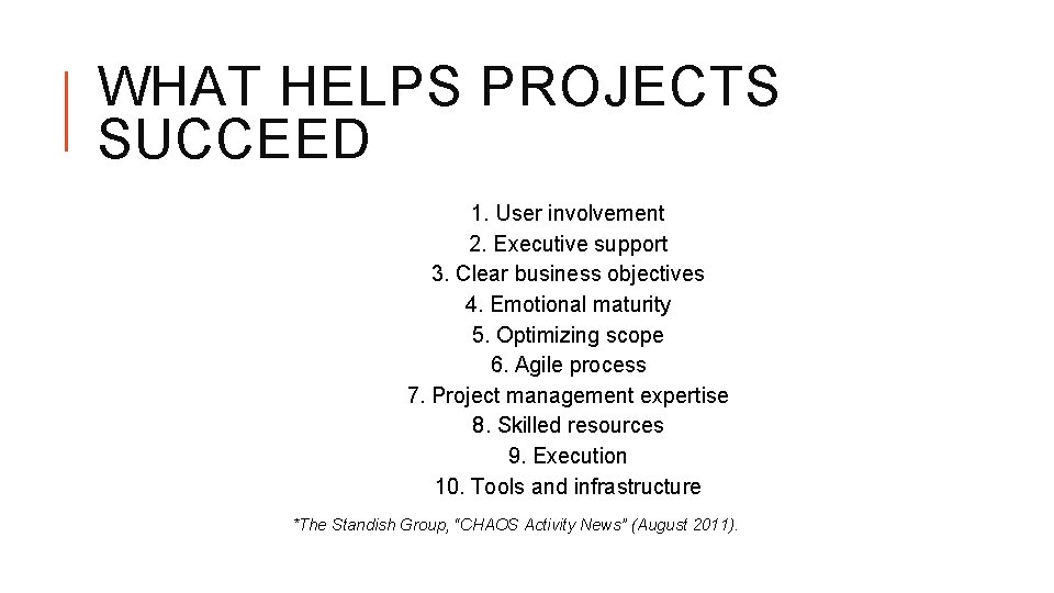 WHAT HELPS PROJECTS SUCCEED 1. User involvement 2. Executive support 3. Clear business objectives