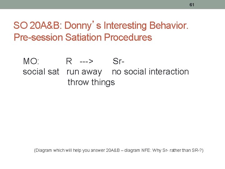 61 SO 20 A&B: Donny’s Interesting Behavior. Pre-session Satiation Procedures MO: R ---> Srsocial