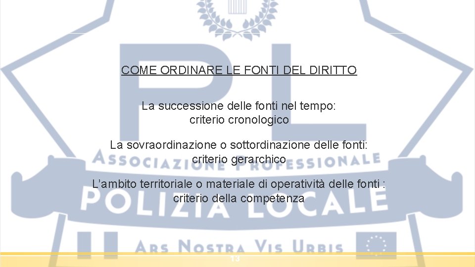 COME ORDINARE LE FONTI DEL DIRITTO La successione delle fonti nel tempo: criterio cronologico COME ORDINARE LE FONTI DEL DIRITTO La successione delle fonti nel tempo: criterio cronologico