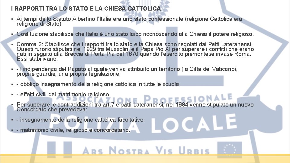 I RAPPORTI TRA LO STATO E LA CHIESA CATTOLICA ▪ Ai tempi dello Statuto