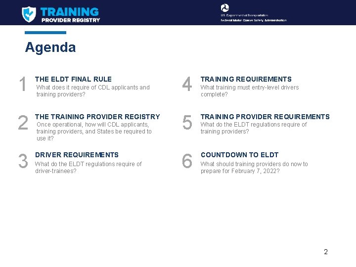 Agenda 1 THE ELDT FINAL RULE 2 THE TRAINING PROVIDER REGISTRY 3 DRIVER REQUIREMENTS