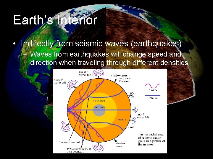 Earth’s Interior • Indirectly from seismic waves (earthquakes) – Waves from earthquakes will change