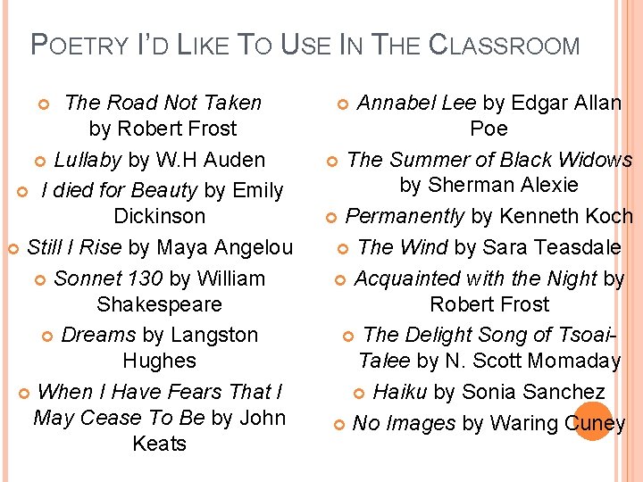 POETRY I’D LIKE TO USE IN THE CLASSROOM The Road Not Taken by Robert