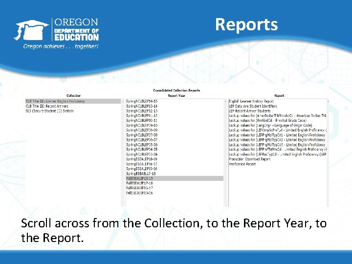 Reports Scroll across from the Collection, to the Report Year, to the Report. 