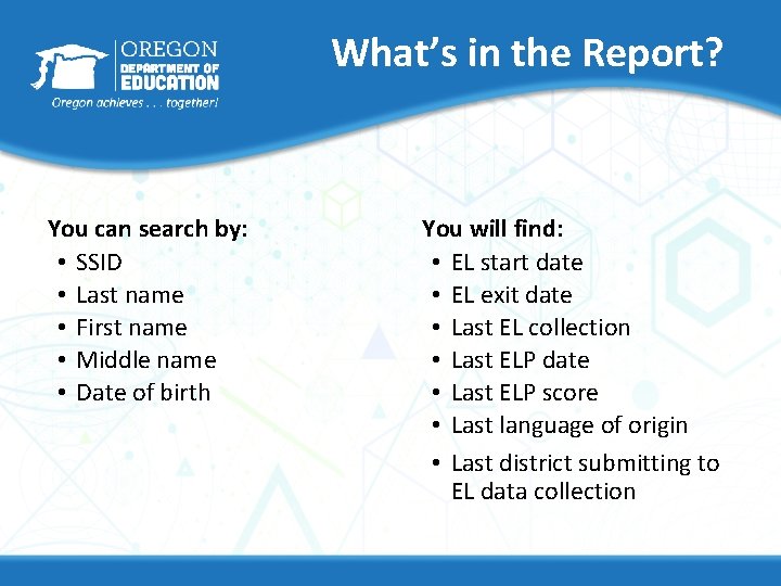 What’s in the Report? You can search by: • SSID • Last name •