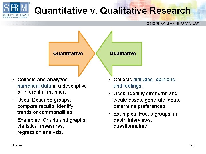 Quantitative v. Qualitative Research Quantitative • Collects and analyzes numerical data in a descriptive Quantitative v. Qualitative Research Quantitative • Collects and analyzes numerical data in a descriptive