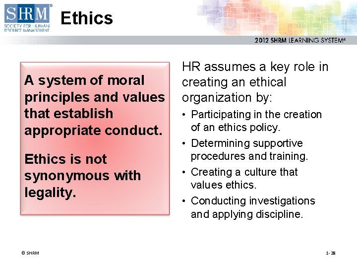 Ethics A system of moral principles and values that establish appropriate conduct. Ethics is Ethics A system of moral principles and values that establish appropriate conduct. Ethics is