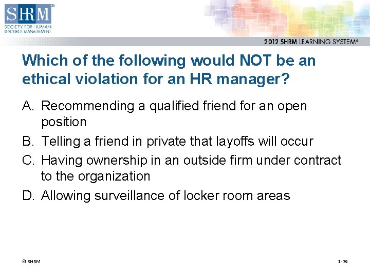 Which of the following would NOT be an ethical violation for an HR manager? Which of the following would NOT be an ethical violation for an HR manager?