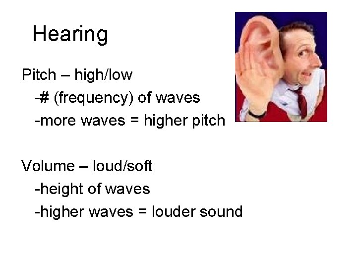 Hearing Pitch – high/low -# (frequency) of waves -more waves = higher pitch Volume