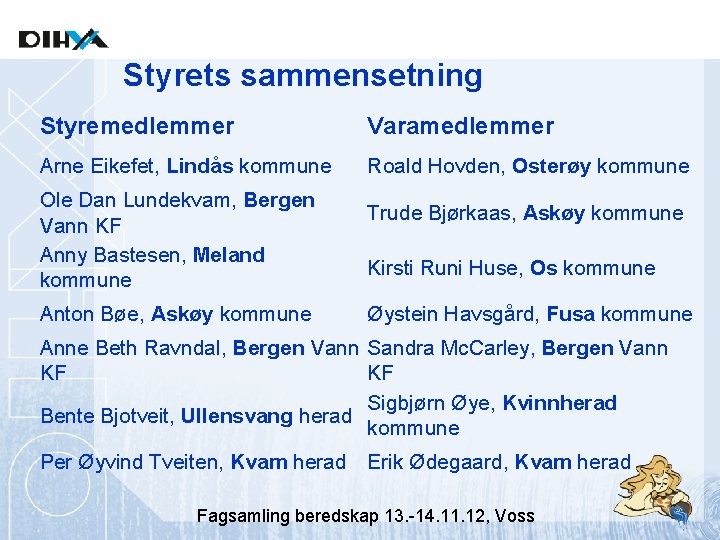 Styrets sammensetning Styremedlemmer Varamedlemmer Arne Eikefet, Lindås kommune Roald Hovden, Osterøy kommune Ole Dan