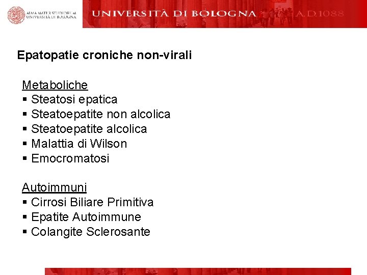 Epatopatie croniche non-virali Metaboliche § Steatosi epatica § Steatoepatite non alcolica § Steatoepatite alcolica