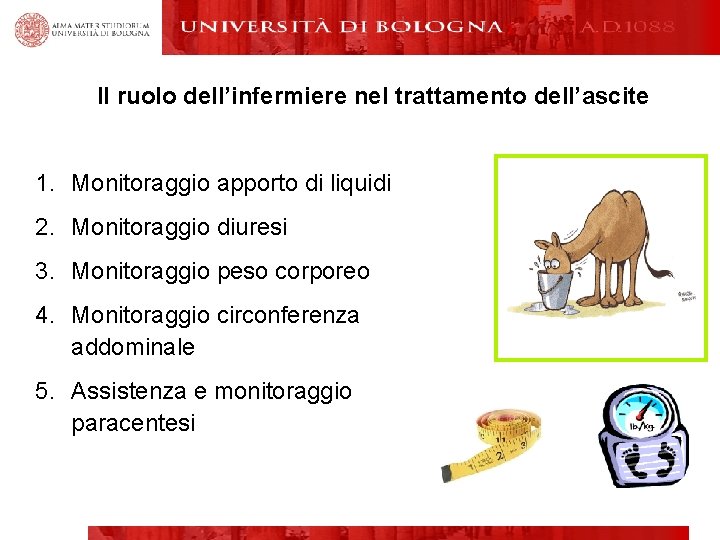 Il ruolo dell’infermiere nel trattamento dell’ascite 1. Monitoraggio apporto di liquidi 2. Monitoraggio diuresi
