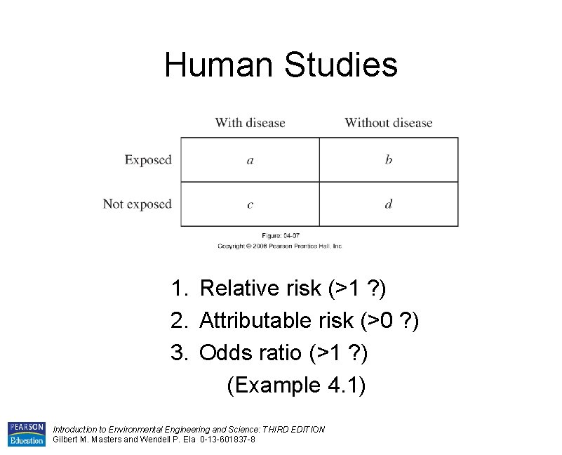 Human Studies 1. Relative risk (>1 ? ) 2. Attributable risk (>0 ? )