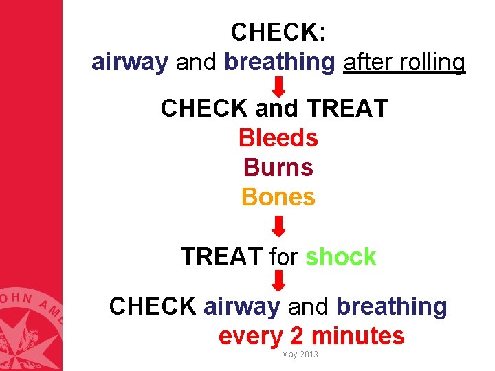 CHECK: airway and breathing after rolling CHECK and TREAT: Bleeds Burns Bones TREAT for CHECK: airway and breathing after rolling CHECK and TREAT: Bleeds Burns Bones TREAT for
