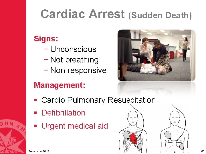 Cardiac Arrest (Sudden Death) Signs: − Unconscious − Not breathing − Non-responsive Management: § Cardiac Arrest (Sudden Death) Signs: − Unconscious − Not breathing − Non-responsive Management: §