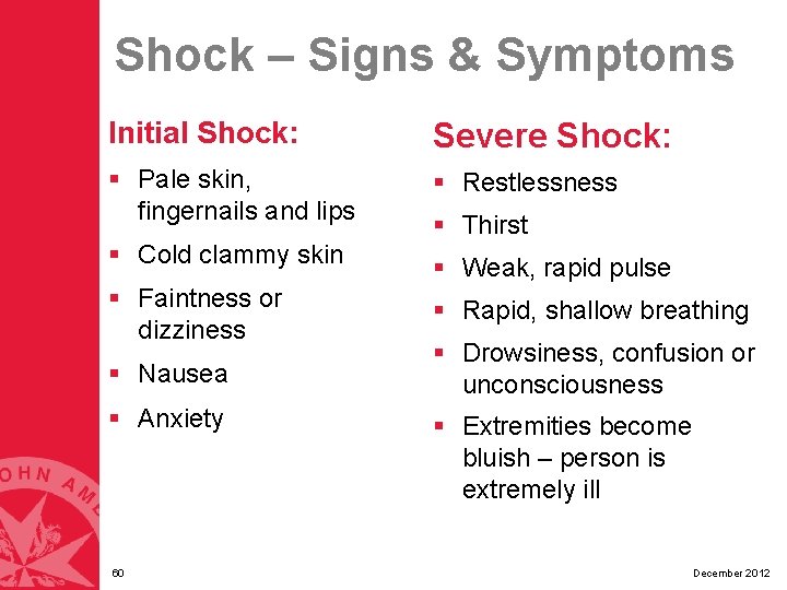 Shock – Signs & Symptoms Initial Shock: Severe Shock: § Pale skin, fingernails and Shock – Signs & Symptoms Initial Shock: Severe Shock: § Pale skin, fingernails and