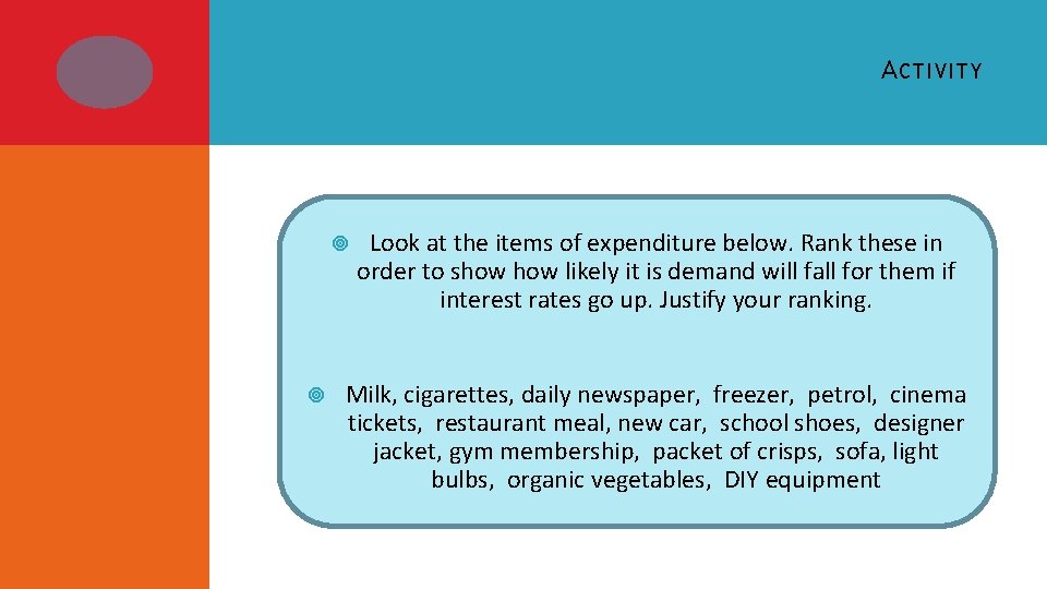 A CTIVITY Look at the items of expenditure below. Rank these in order to