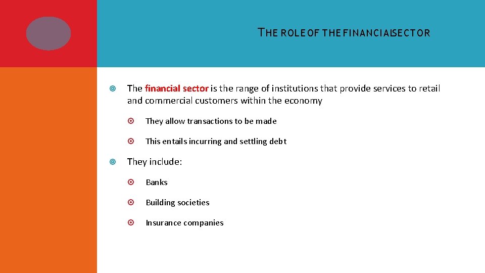 T HE ROLE OF THE FINANCIALSECTOR The financial sector is the range of institutions