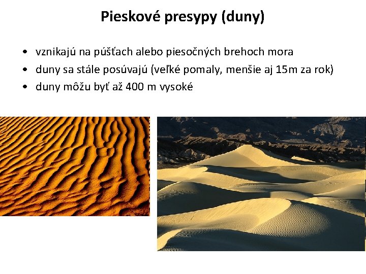 Pieskové presypy (duny) • vznikajú na púšťach alebo piesočných brehoch mora • duny sa