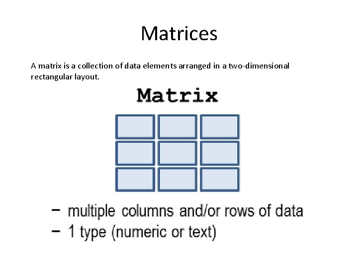 Matrices A matrix is a collection of data elements arranged in a two-dimensional rectangular