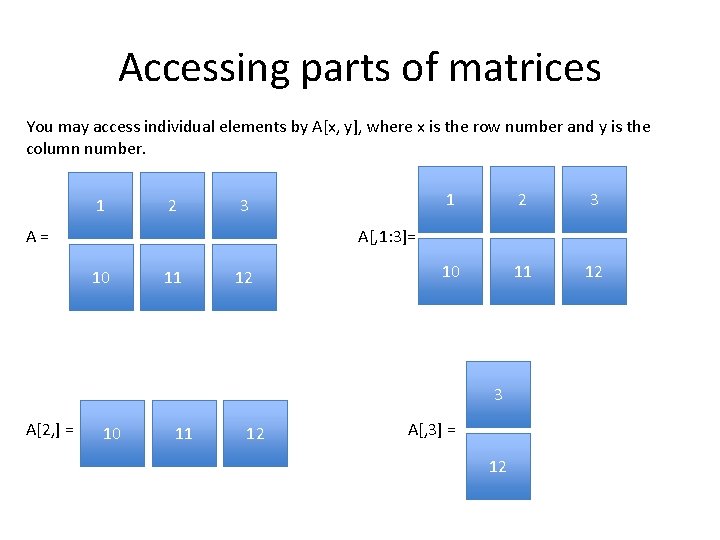Accessing parts of matrices You may access individual elements by A[x, y], where x