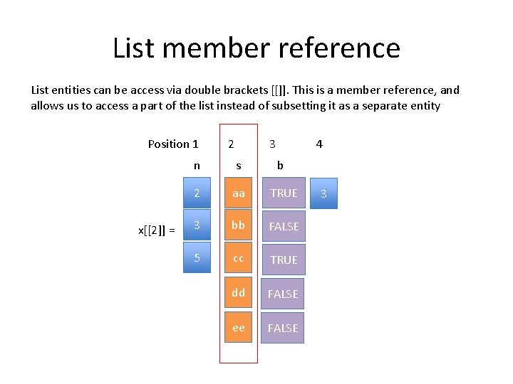 List member reference List entities can be access via double brackets [[]]. This is