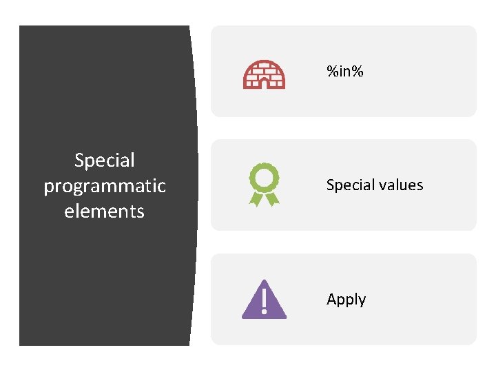 %in% Special programmatic elements Special values Apply 