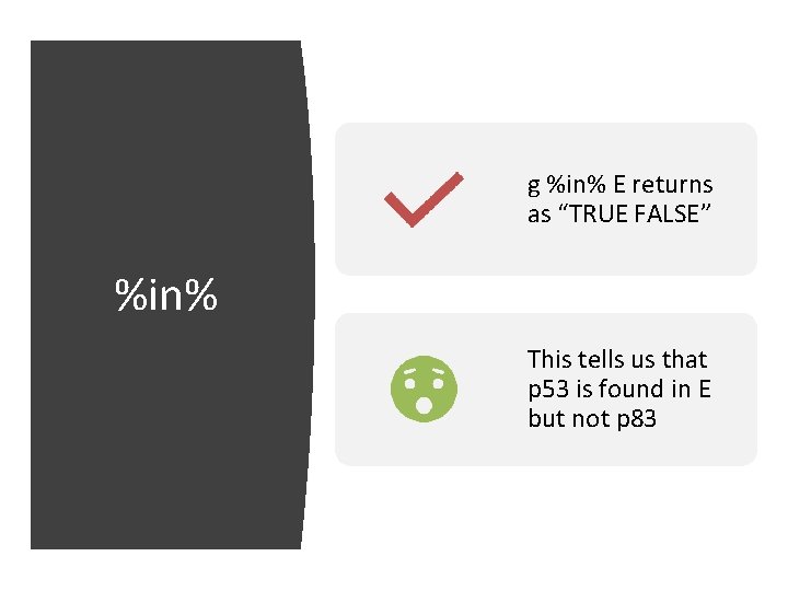 g %in% E returns as “TRUE FALSE” %in% This tells us that p 53