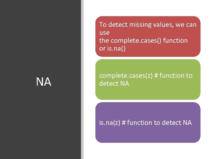 To detect missing values, we can use the complete. cases() function or is. na()