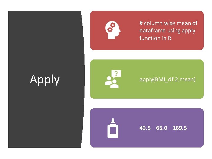 # column wise mean of dataframe using apply function in R Apply apply(BMI_df, 2,