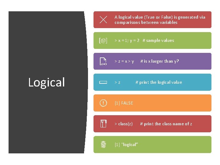 A logical value (True or False) is generated via comparisons between variables > x