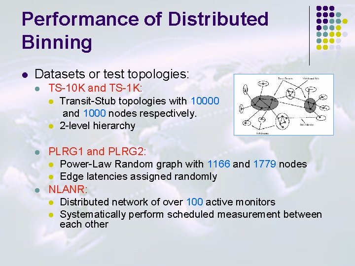 Performance of Distributed Binning l Datasets or test topologies: l TS-10 K and TS-1