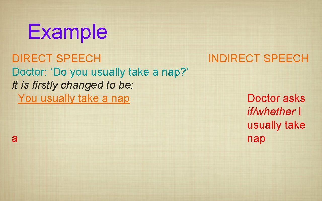 Example DIRECT SPEECH Doctor: ‘Do you usually take a nap? ’ It is firstly