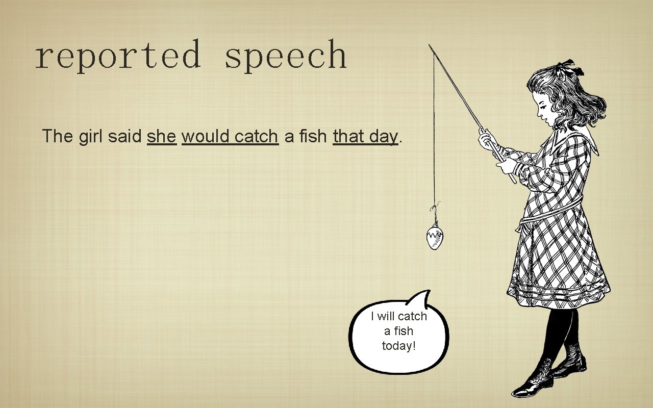 reported speech The girl said she would catch a fish that day. I will