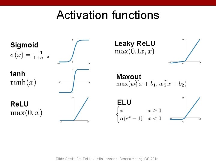 Activation functions Sigmoid Leaky Re. LU tanh Maxout Re. LU ELU Slide Credit: Fei-Fei Activation functions Sigmoid Leaky Re. LU tanh Maxout Re. LU ELU Slide Credit: Fei-Fei