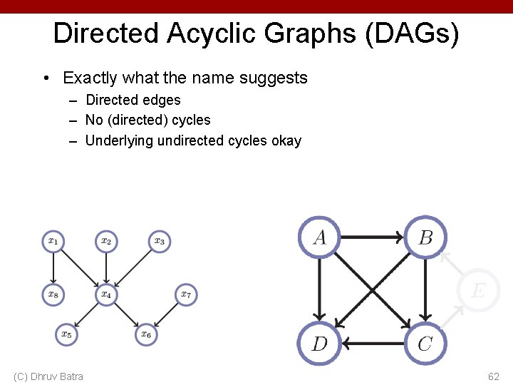 Directed Acyclic Graphs (DAGs) • Exactly what the name suggests – Directed edges – Directed Acyclic Graphs (DAGs) • Exactly what the name suggests – Directed edges –