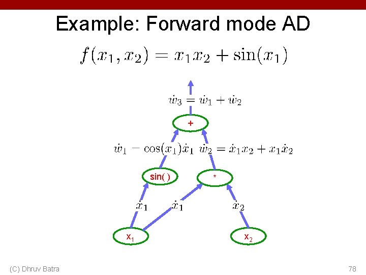 Example: Forward mode AD + sin( ) x 1 (C) Dhruv Batra * x Example: Forward mode AD + sin( ) x 1 (C) Dhruv Batra * x