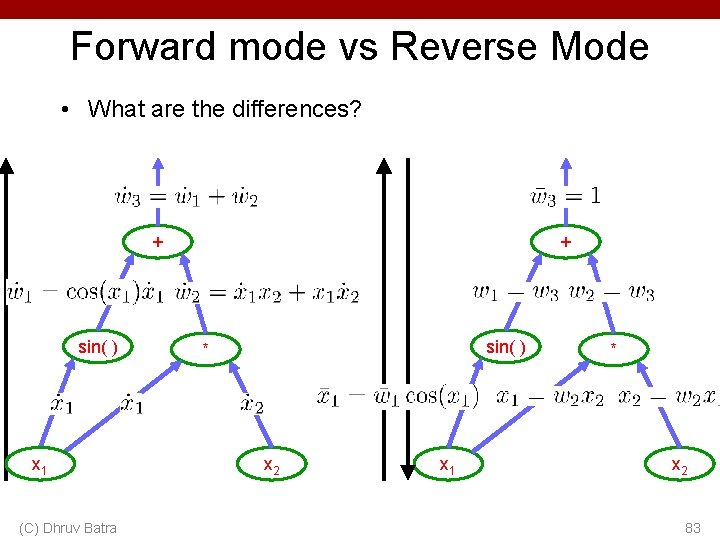 Forward mode vs Reverse Mode • What are the differences? + sin( ) x Forward mode vs Reverse Mode • What are the differences? + sin( ) x