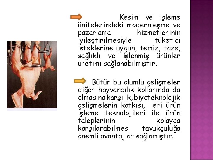 Kesim ve işleme ünitelerindeki modernleşme ve pazarlama hizmetlerinin iyileştirilmesiyle tüketici isteklerine uygun, temiz, taze,