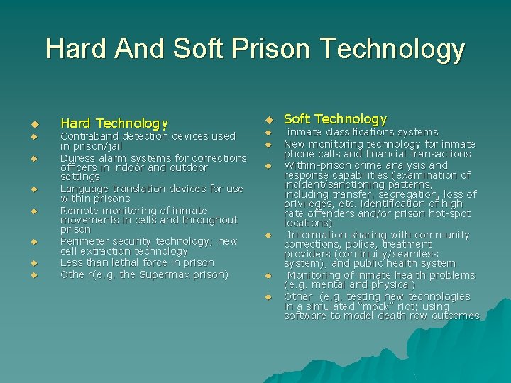 Hard And Soft Prison Technology u u u u Hard Technology Contraband detection devices
