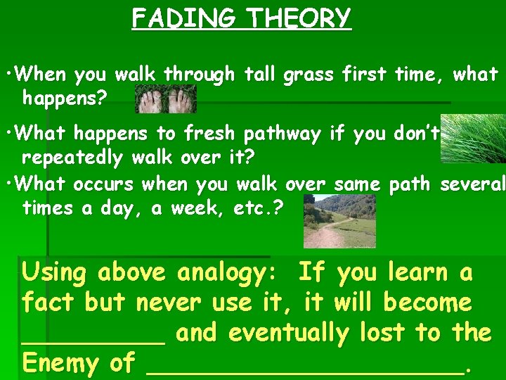 FADING THEORY • When you walk through tall grass first time, what happens? •