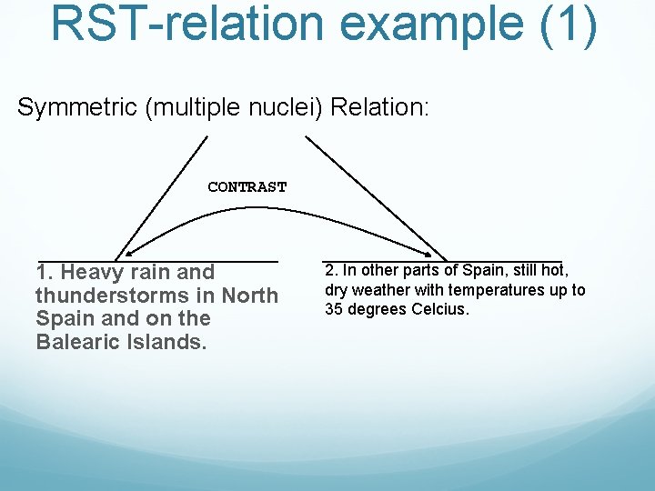 RST-relation example (1) Symmetric (multiple nuclei) Relation: CONTRAST 1. Heavy rain and thunderstorms in