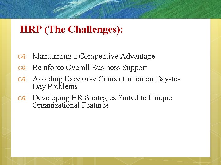 HRP (The Challenges): Maintaining a Competitive Advantage Reinforce Overall Business Support Avoiding Excessive Concentration