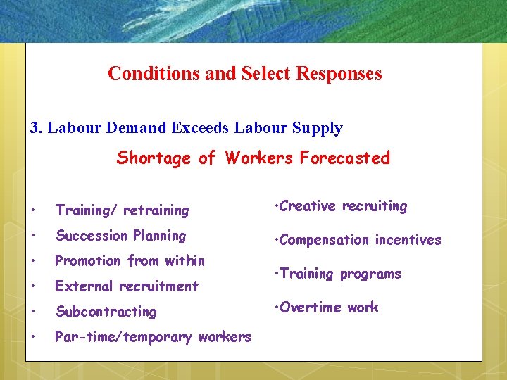 Conditions and Select Responses 3. Labour Demand Exceeds Labour Supply Shortage of Workers Forecasted