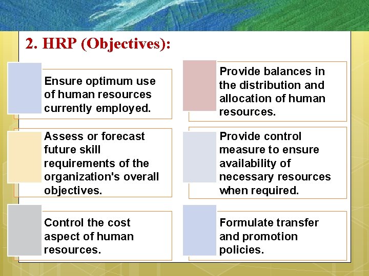 5– 9 2. HRP (Objectives): Ensure optimum use of human resources currently employed. Provide